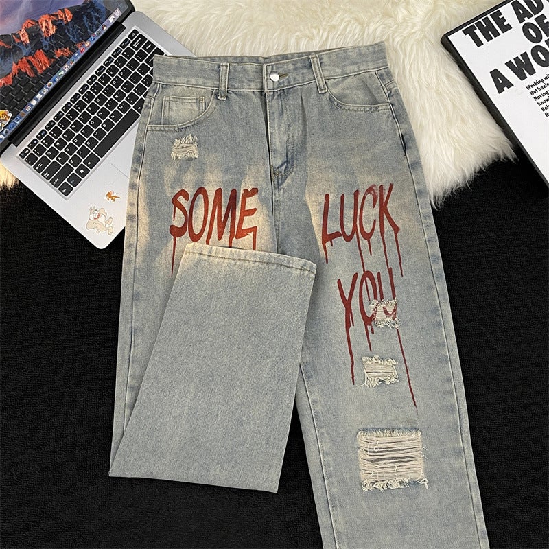 Fashion Letter Printed Casual Pants Trendy Ripped Washed Jeans Straight Pants Loose Trousers Handsome - Image 5