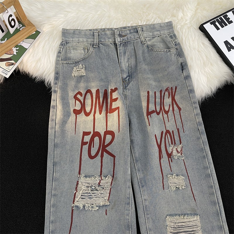 Fashion Letter Printed Casual Pants Trendy Ripped Washed Jeans Straight Pants Loose Trousers Handsome - Image 3