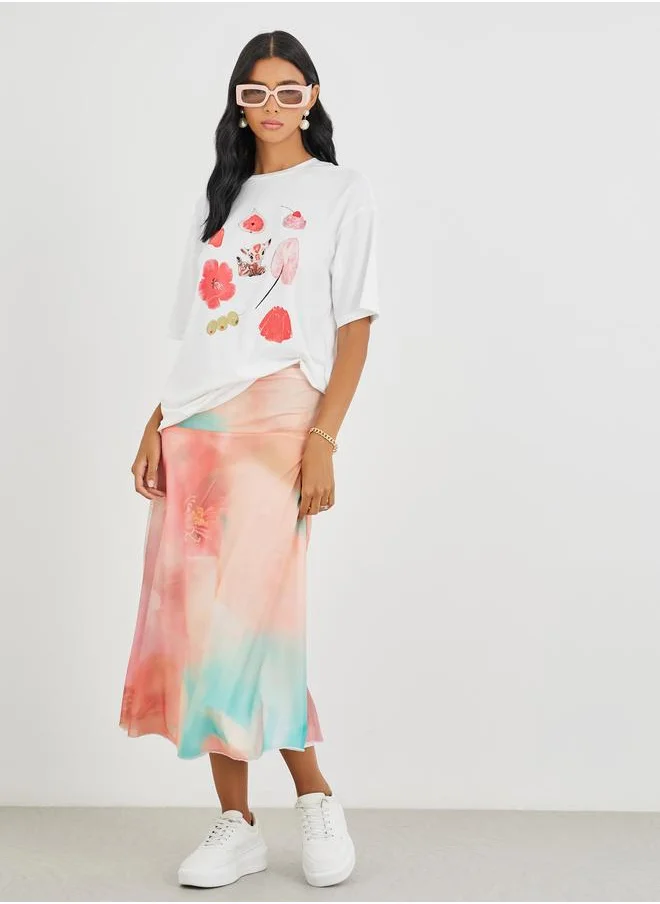 تايك تو Take Two Graphic Print Round Neck Oversized T-Shirt