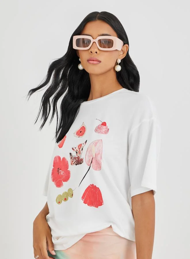 Take Two Take Two Graphic Print Round Neck Oversized T-Shirt