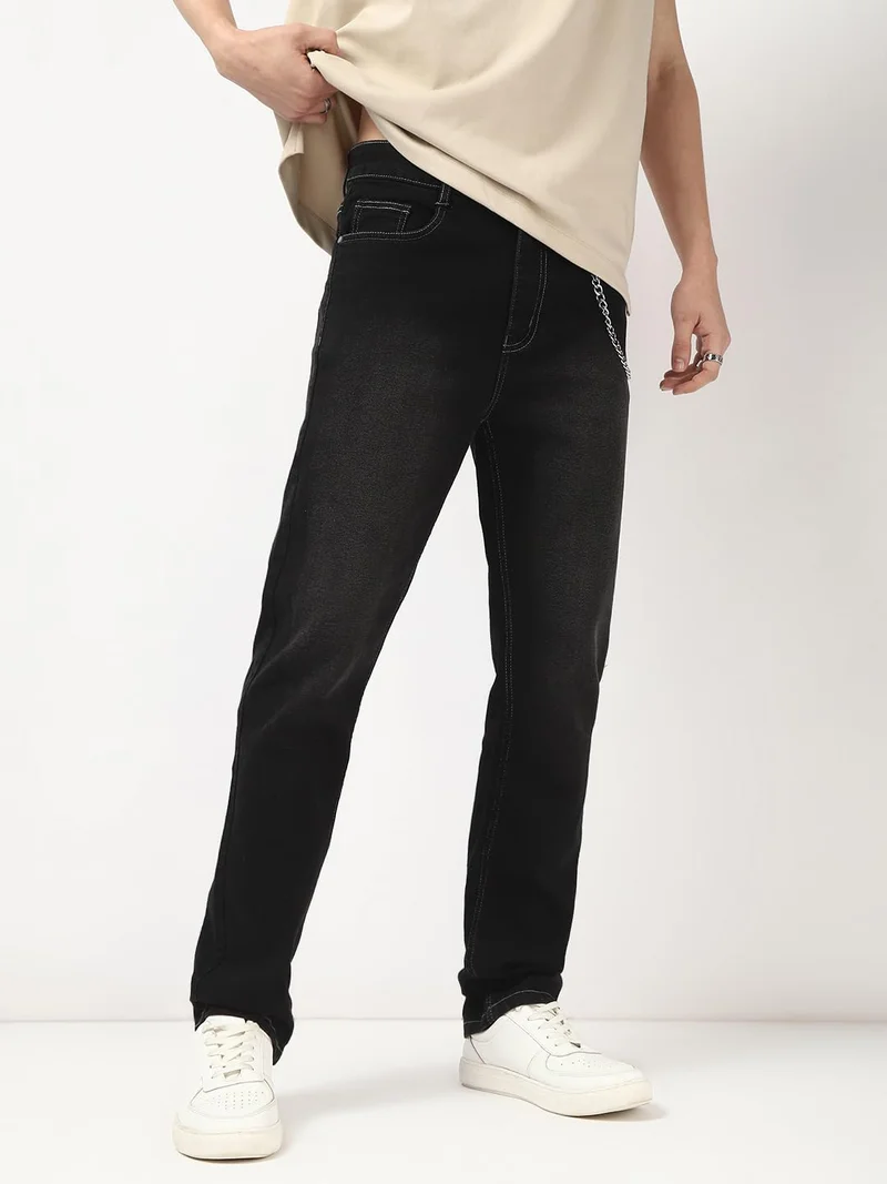 Urbano Fashion Men's Black Straight Fit Washed Jeans Stretchable