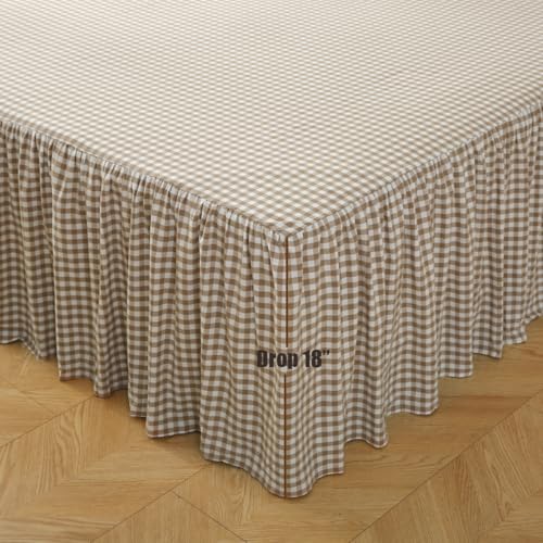 Silnuo Taupe/White Plaid Bed Skirt Washed Cotton Shabby Gingham Checkered Dust Ruffle King Size 18" Bedding(1 Bed Skirt Only) - Image 4