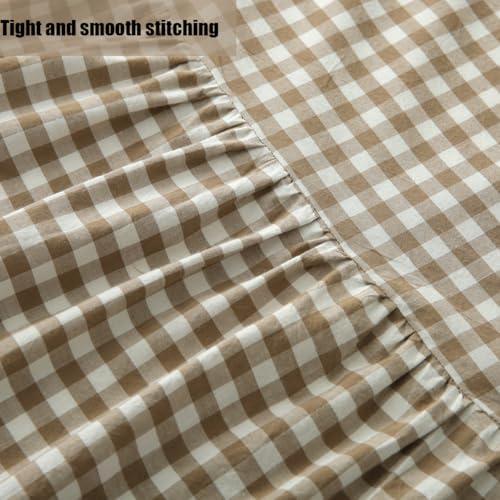 Silnuo Taupe/White Plaid Bed Skirt Washed Cotton Shabby Gingham Checkered Dust Ruffle King Size 18" Bedding(1 Bed Skirt Only) - Image 3