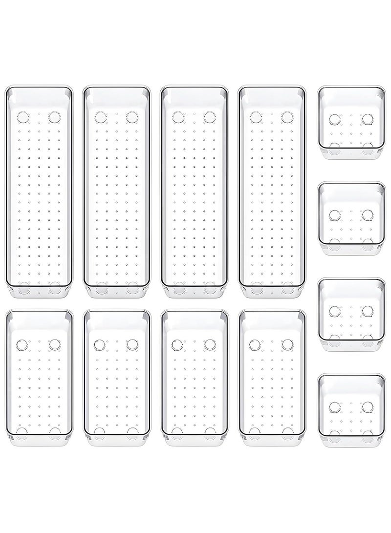 12 Piece Drawer Organizer Set, 3 Sizes Storage Drawer Units, Clear Plastic Makeup Organizer and Storage Boxes for Makeup, Stationery, and Multi-Tools for Bathroom, Office, and Bedroom - Image 1