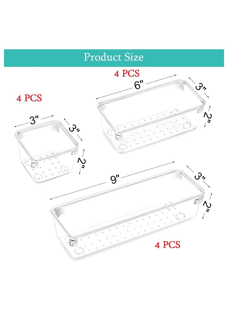 12 Piece Drawer Organizer Set, 3 Sizes Storage Drawer Units, Clear Plastic Makeup Organizer and Storage Boxes for Makeup, Stationery, and Multi-Tools for Bathroom, Office, and Bedroom - Image 2