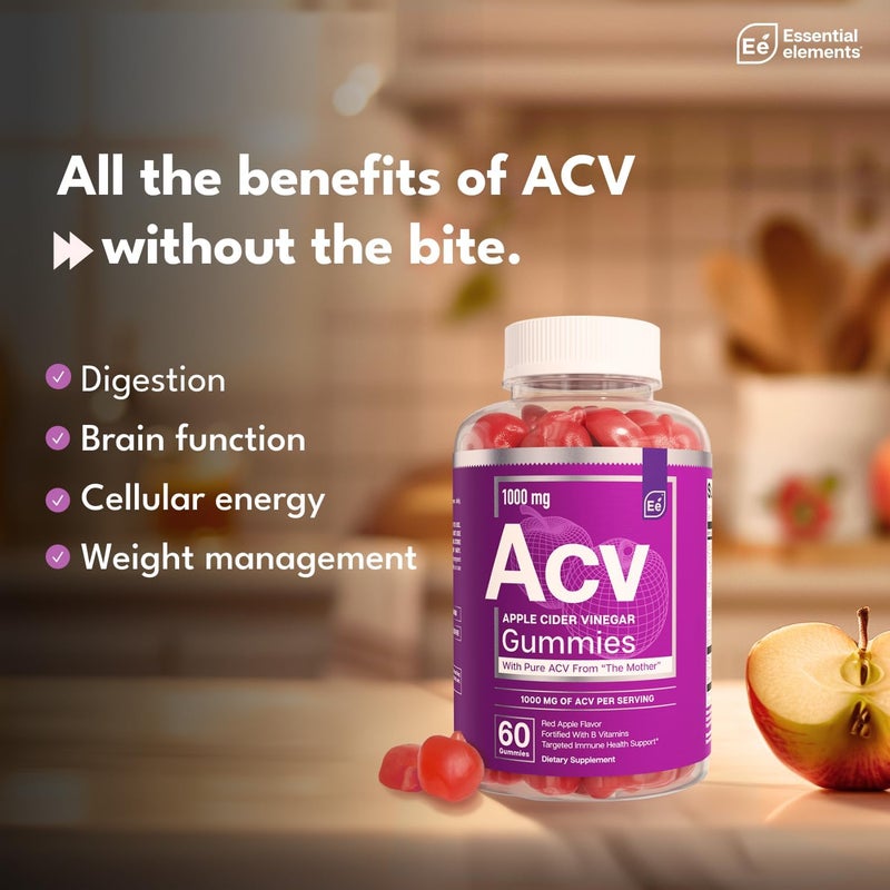 Essential Elements Apple Cider Vinegar Gummies from The Mother  NaturallySourced Vegan ACV with Folic Acid and Vitamin B6  B12 60 Count - Image 4