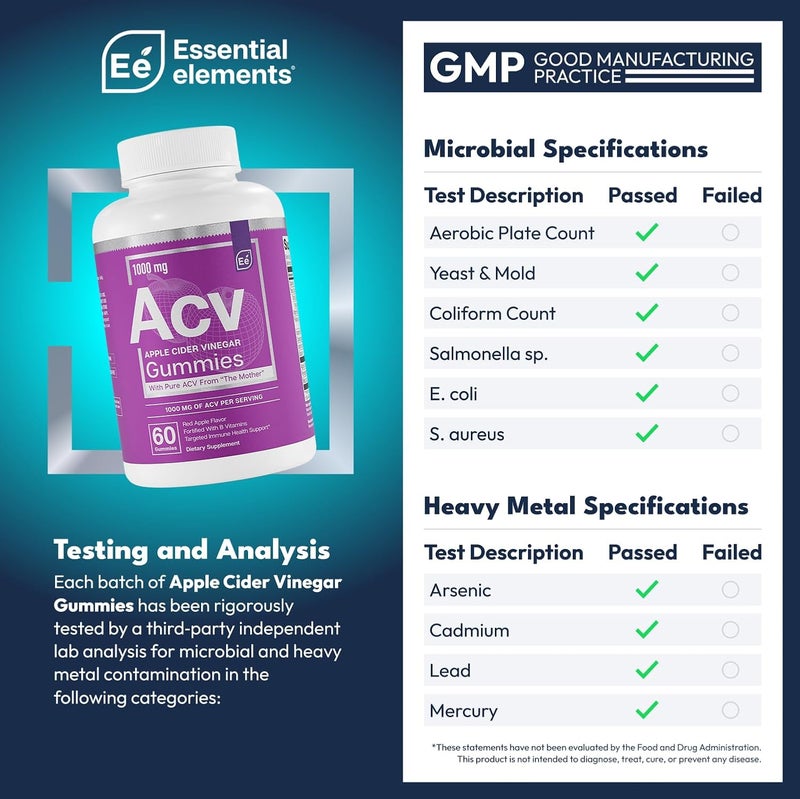 Essential Elements Apple Cider Vinegar Gummies from The Mother  NaturallySourced Vegan ACV with Folic Acid and Vitamin B6  B12 60 Count - Image 2