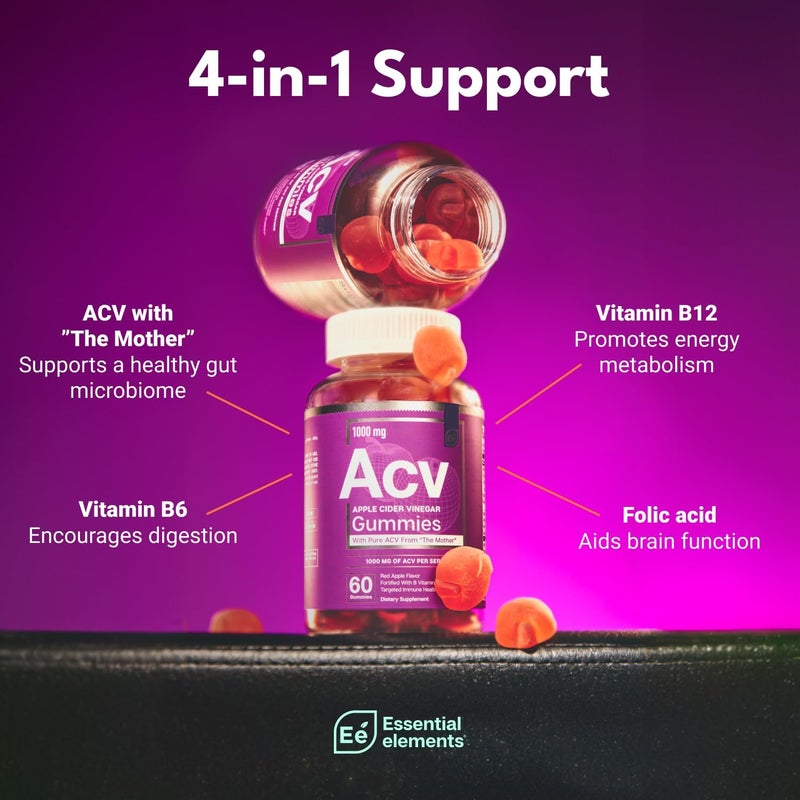 Essential Elements Apple Cider Vinegar Gummies from The Mother  NaturallySourced Vegan ACV with Folic Acid and Vitamin B6  B12 60 Count - Image 3