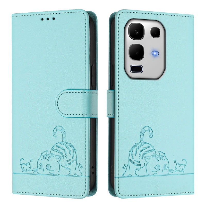 BURAQ Case Cover For Infinix Note 50s Cat Rat Embossed Pattern RFID Leather Phone Case with Lanyard(Mint Green) - Image 2