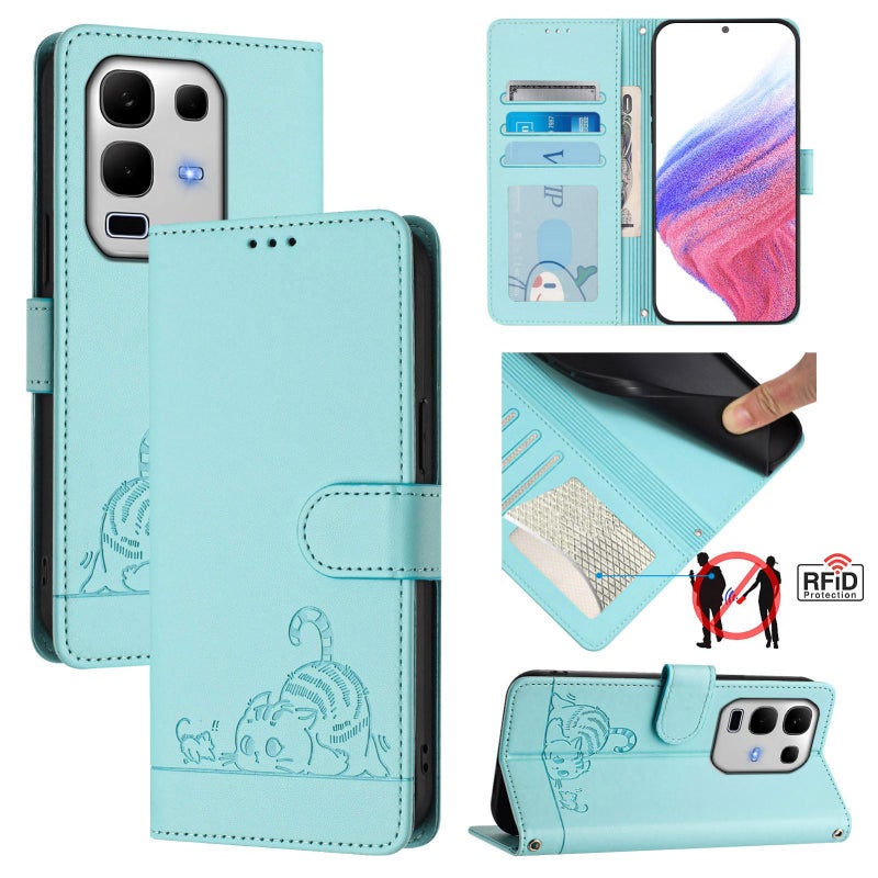 BURAQ Case Cover For Infinix Note 50s Cat Rat Embossed Pattern RFID Leather Phone Case with Lanyard(Mint Green) - Image 1