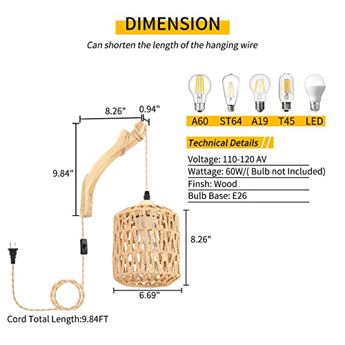 FRIDEKO HOME Frideko Rattan Wall Lamp with Plug in Cord Hand Woven Plug in Wall Sconces Paper Rope Wall Light Farmhouse Wall Sconce Wall Mounted Light Boho Wall Sconces Wall Lighting for Bedroom Living Room - Image 4