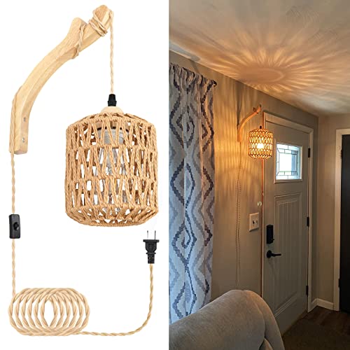 FRIDEKO HOME Frideko Rattan Wall Lamp with Plug in Cord Hand Woven Plug in Wall Sconces Paper Rope Wall Light Farmhouse Wall Sconce Wall Mounted Light Boho Wall Sconces Wall Lighting for Bedroom Living Room - Image 1
