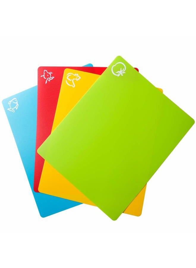 Carrollar Set of 4 Soft Plastic Chopping Boards with Food Icons, BPA Free, Non Porous, Non Slip Backing, Dishwasher Safe - Image 1
