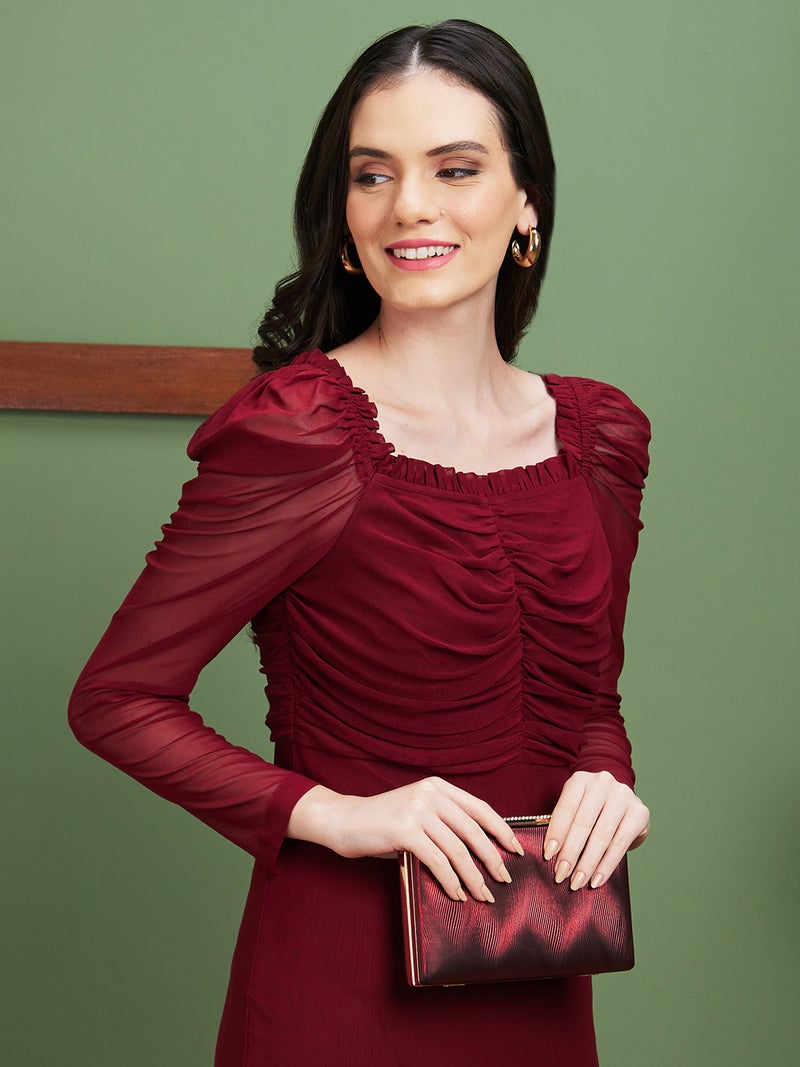 globus Globus Women Square Neck Long Puff Sleeves Smocked Bodycon Party Dress  - Image 5