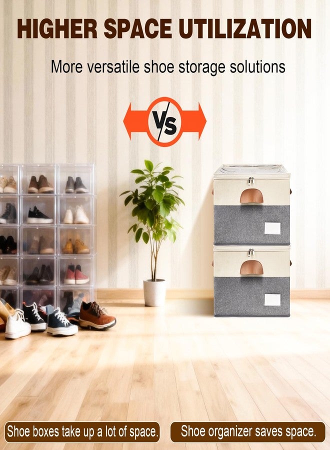 JHHBHV 2 Pack Shoe Organizer for Closet, Adjustable Shoe Box Storage Containers, Large Foldable Shoe Bins with Clear Cover, Space Saving Shoes Holder with 4 Handles, Fits 8-16 Pairs, Beige - Image 4