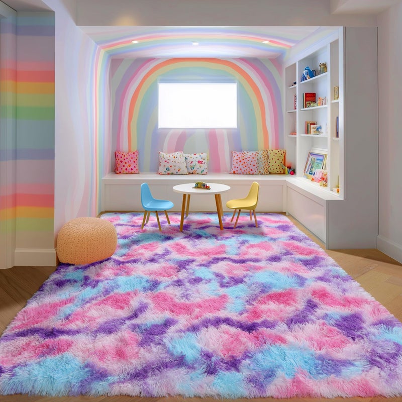 PAGISOFE Ultra Soft Rainbow Area Rugs for Girls Bedoom 4x6 Ft, Fluffy Cute Colorful Pastel Princess Carpet for Kids Teens Nursery,Dorm Rug for Room Decor Aesthetic,Hot Pink Purple Bedroom Decor - Image 3