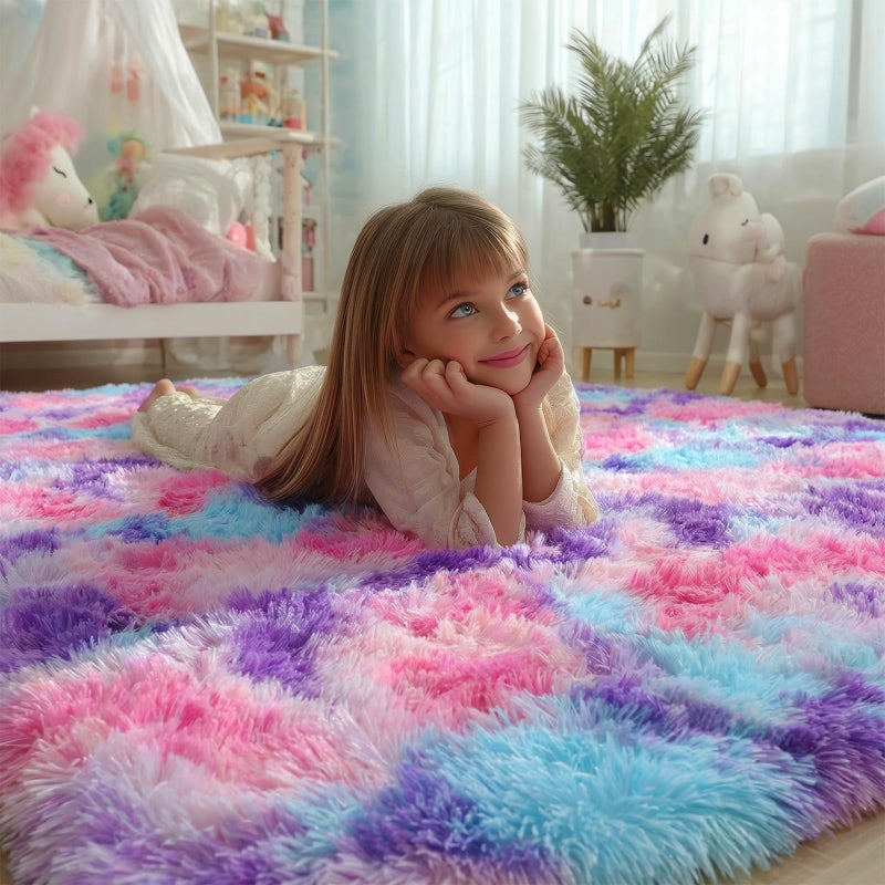 PAGISOFE Ultra Soft Rainbow Area Rugs for Girls Bedoom 4x6 Ft, Fluffy Cute Colorful Pastel Princess Carpet for Kids Teens Nursery,Dorm Rug for Room Decor Aesthetic,Hot Pink Purple Bedroom Decor - Image 2