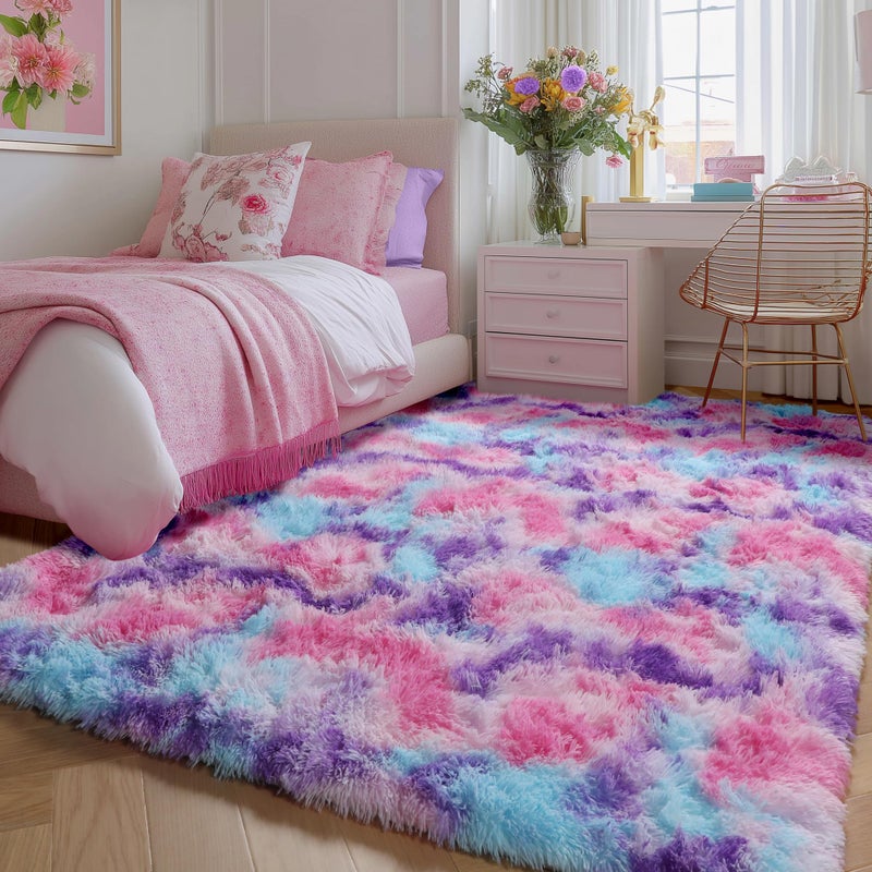 PAGISOFE Ultra Soft Rainbow Area Rugs for Girls Bedoom 4x6 Ft, Fluffy Cute Colorful Pastel Princess Carpet for Kids Teens Nursery,Dorm Rug for Room Decor Aesthetic,Hot Pink Purple Bedroom Decor - Image 1