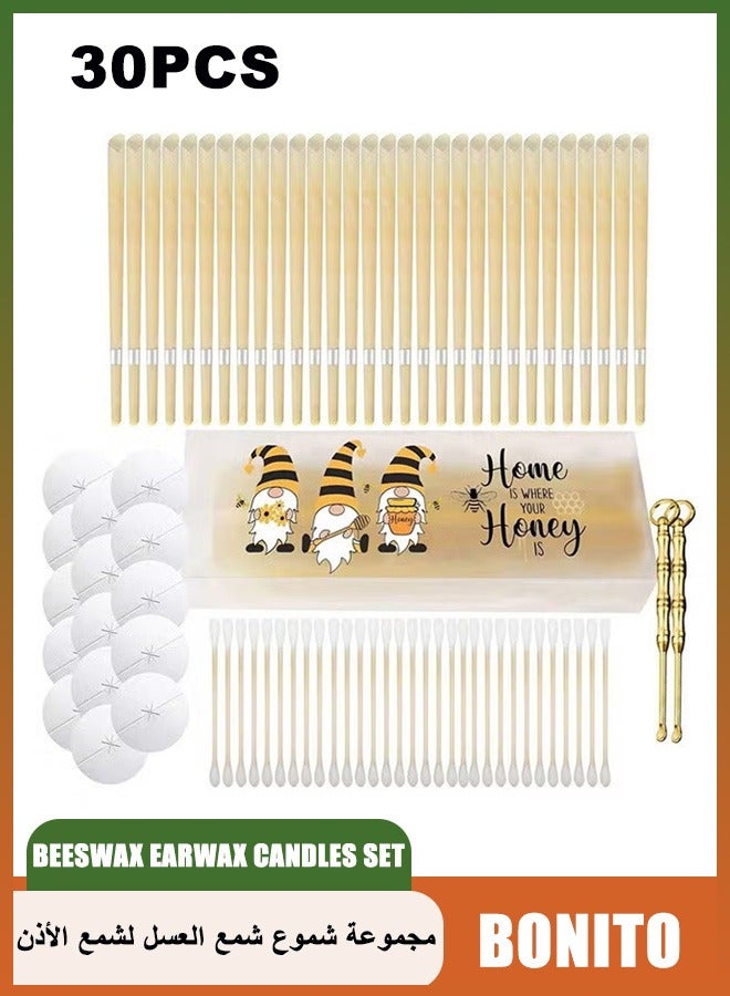 بونيتو مجموعة من 30 شمعة نقية من شمع النحل وشمع الأذن للعلاج بالعطر، بما في ذلك 15 وسادة لحماية الأذن، و 30 مسحة قطنية، ومغرفتين للأذن، لتخفيف طنين الأذن وتحسين النوم. - Image 1