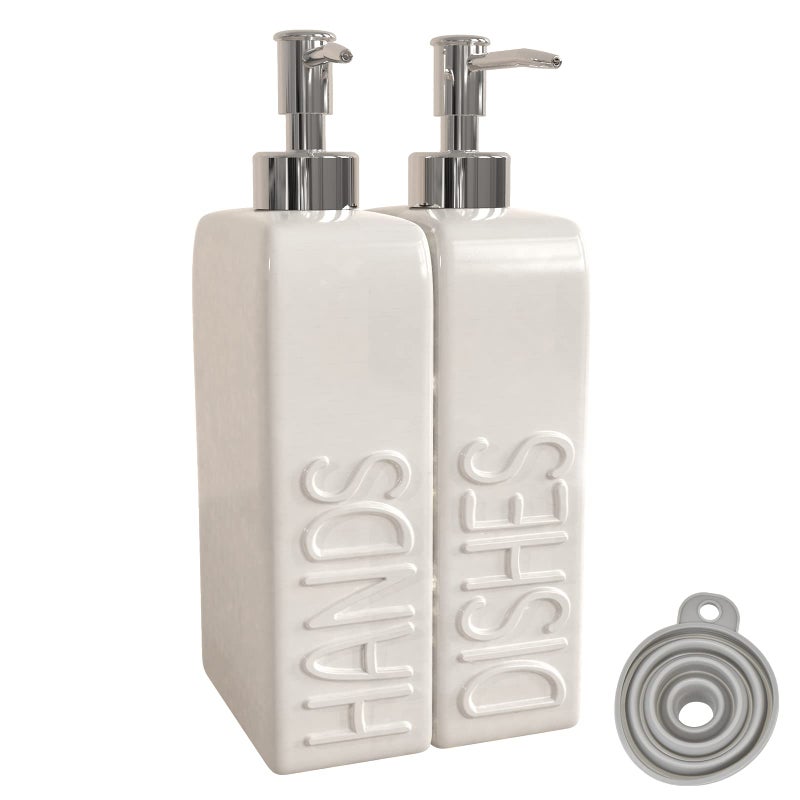 Karisky Soap Dispenser Set with Stainless Steel Pump 2 Pack Ceramic Refillable Dish Soap and Hand Soap Dispenser for Kitchen Bathroom Matte White