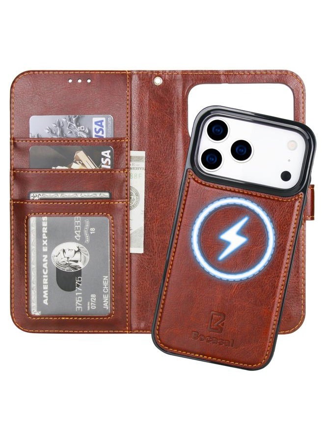 Bocasal for iPhone 17 Pro Max Wallet Case Compatible with MagSafe Wireless Charging, RFID Blocking Magnetic Leather Case with Card Slots Holder Kickstand Detachable Wrist Strap 6.9 Inch (Brown) - Image 1