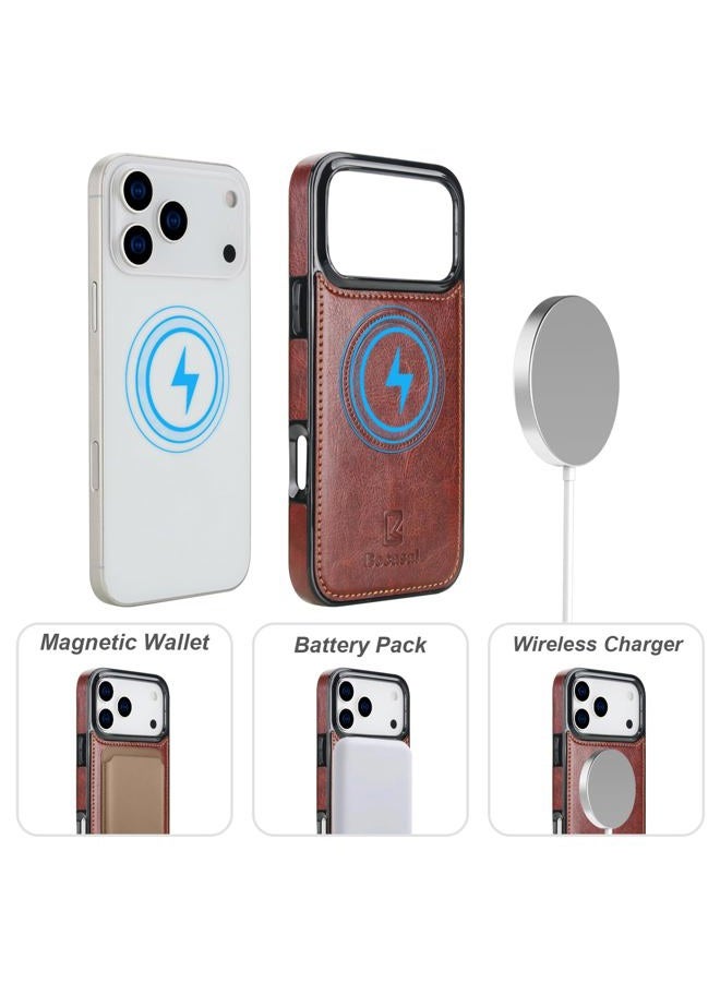 Bocasal for iPhone 17 Pro Max Wallet Case Compatible with MagSafe Wireless Charging, RFID Blocking Magnetic Leather Case with Card Slots Holder Kickstand Detachable Wrist Strap 6.9 Inch (Brown) - Image 4