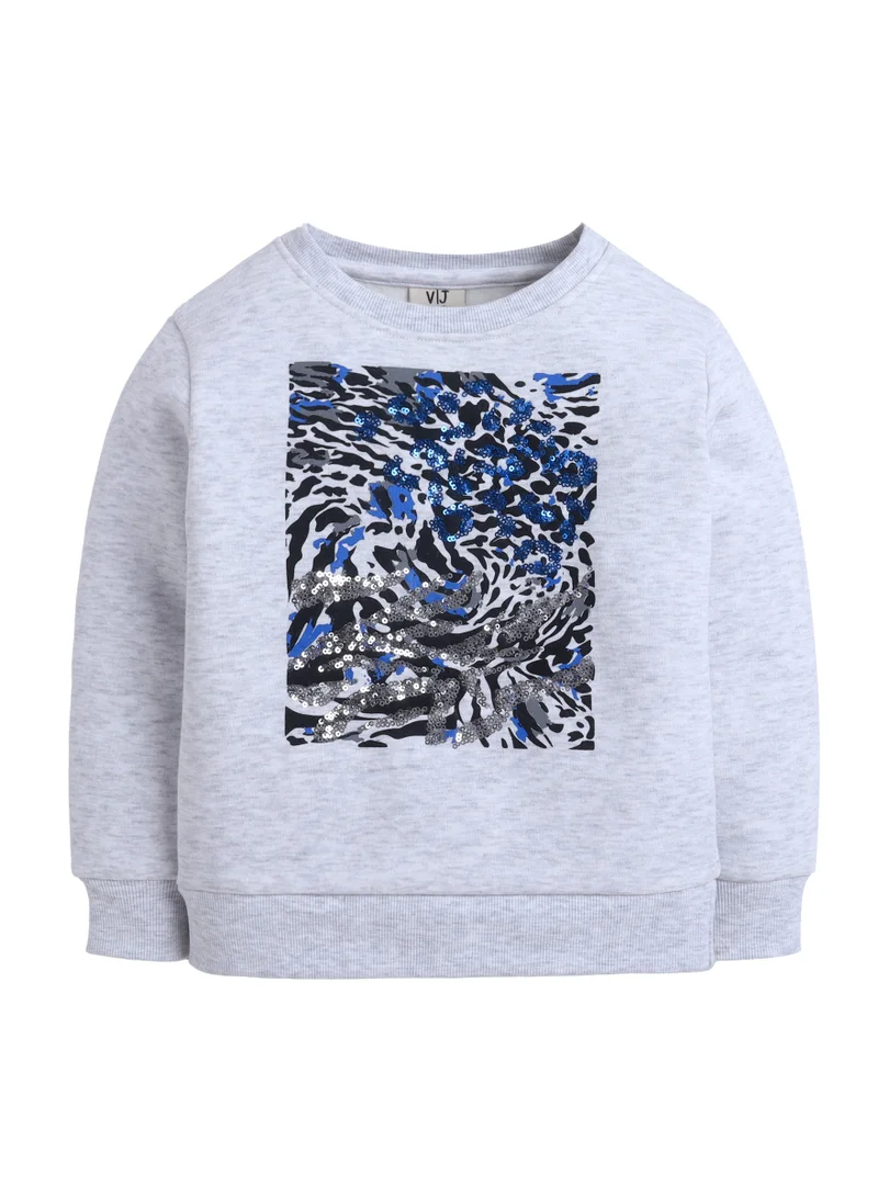 victor and jane Girls’ Animal Print Patch Sweatshirt - Grey - Relaxed Fit