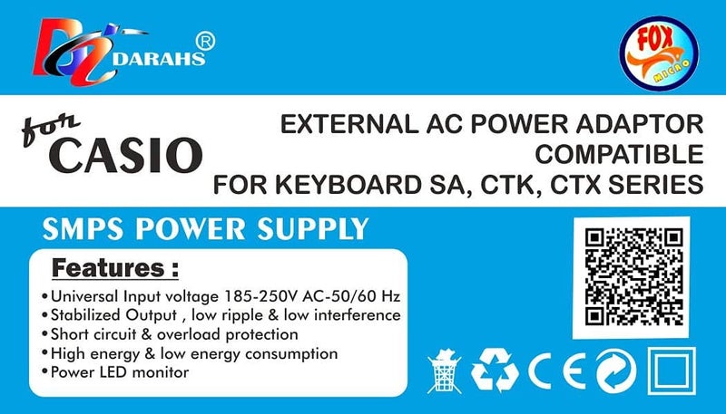 Foxmicro محول طاقة متوافق مع لوحة مفاتيح كاسيو CTK-240، CTK-245، CTK-1100، CTK-1150، CTK-1200، LK-165، LK-240، LK-247، LK-280، SA-46، SA-47، SA-76، SA-77، SA-78، WK-220 - Image 2