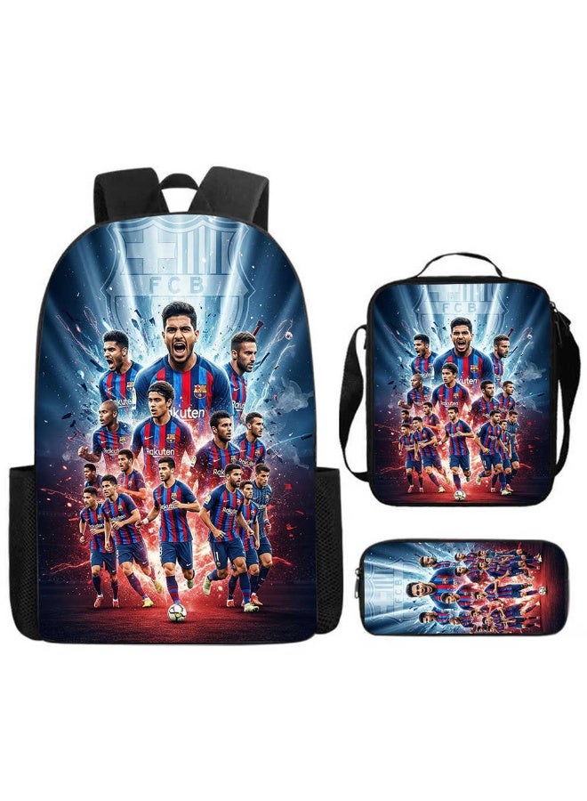 اف سي برشلونة 3 في 1 نادي برشلونة كامل فرقة شعاع ضوء مجموعة على ظهره ، كرة القدم فريق حقيبة مدرسية مع معزول الغداء حقيبة و مقلمة للبنين - Image 1