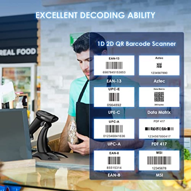 ماسح باركود لاسلكي 2D 1D مع حامل، قارئ باركود 3 في 1 2.4G لاسلكي وبلوتوث واتصال USB سلكي، ماسح ضوئي لرمز QR محمول لأجهزة iPhone وMac وAndroid والمتجر والمستودع والمكتبة - Image 2
