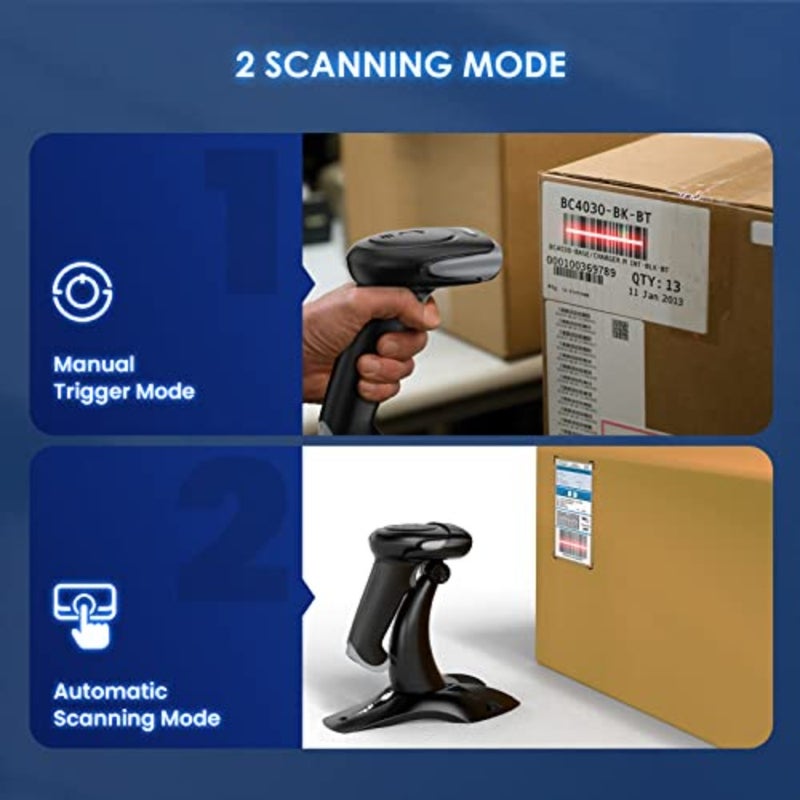ماسح باركود لاسلكي 2D 1D مع حامل، قارئ باركود 3 في 1 2.4G لاسلكي وبلوتوث واتصال USB سلكي، ماسح ضوئي لرمز QR محمول لأجهزة iPhone وMac وAndroid والمتجر والمستودع والمكتبة - Image 5