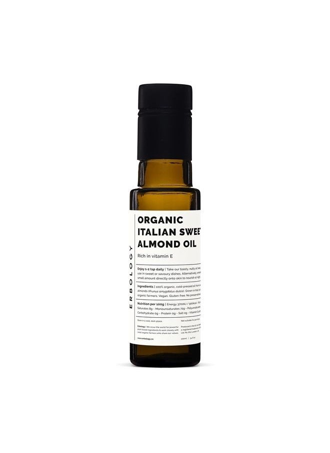 Erbology 100% Organic Sweet Almond Oil 3.4 fl oz - Cold-Pressed - Premium Food Grade - Rich in Skin-Nourishing Vitamin E - Straight from Farm in Italy - Non-GMO - No Additives or Preservatives - Recyclable Gla  - Image 1