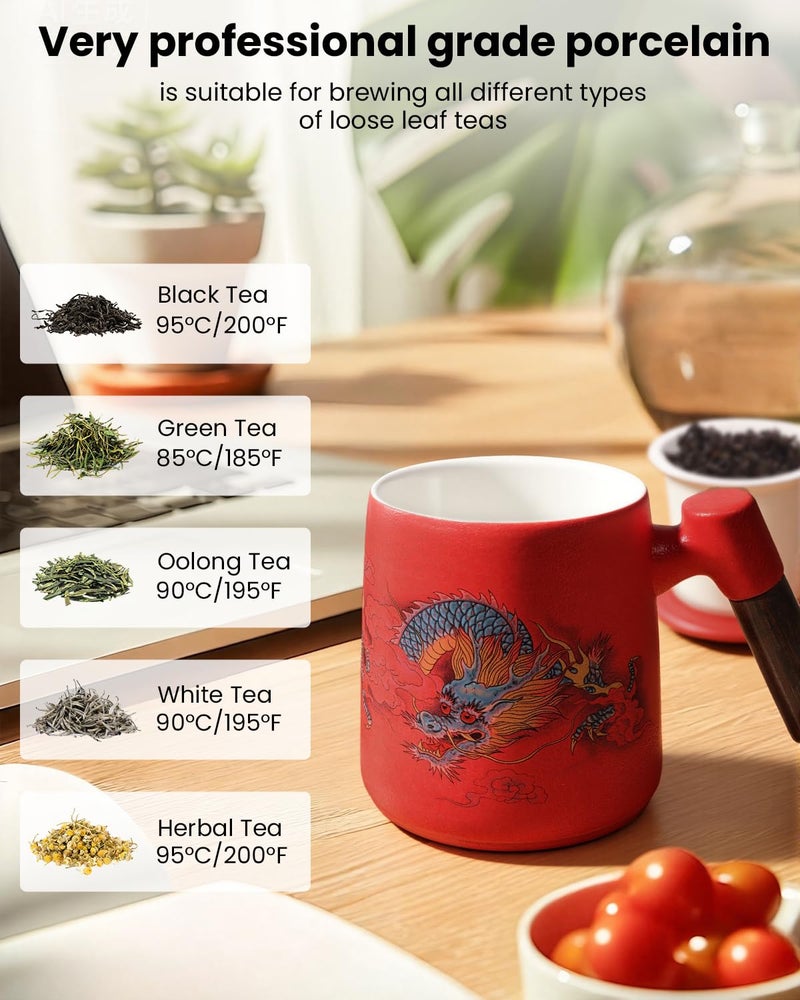 Foinly Porcelain Tea Cup with Infuser and Lid,Ceramic Tea Mug for Loose Leaf,Tea Strainer Cup with Wood Handle,Chinese Dragon Red Cup,All Ceramic Infuser,BPA-Free for Tea Lovers/Birthday/Valentine's Day - Image 4