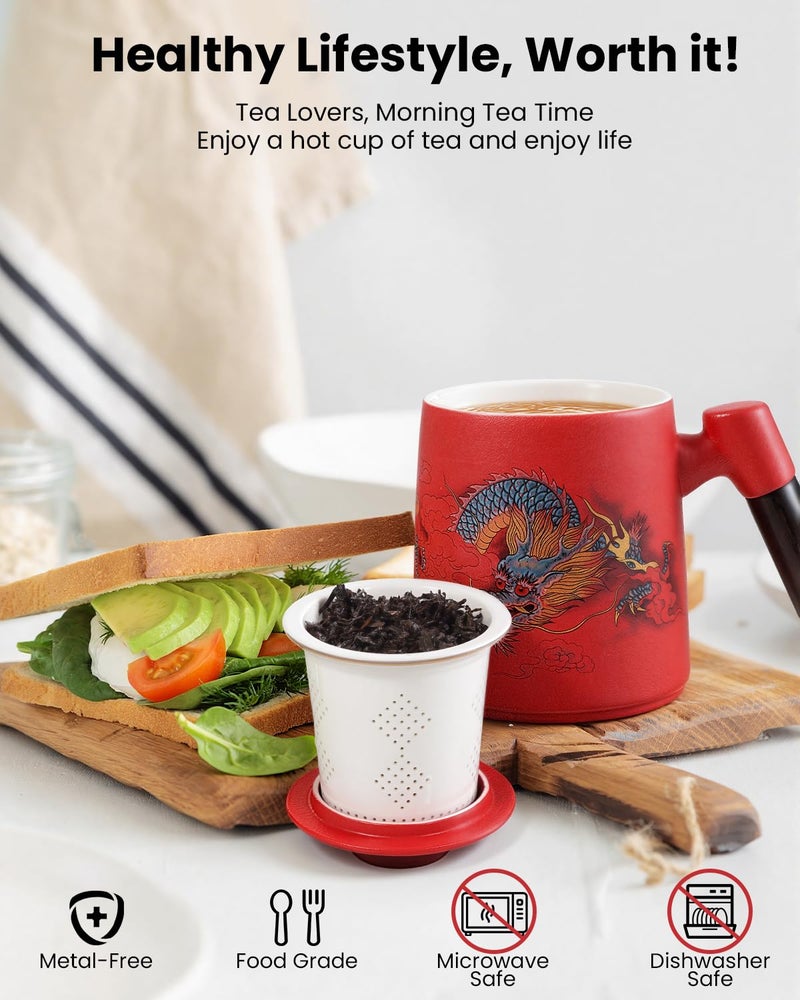 Foinly Porcelain Tea Cup with Infuser and Lid,Ceramic Tea Mug for Loose Leaf,Tea Strainer Cup with Wood Handle,Chinese Dragon Red Cup,All Ceramic Infuser,BPA-Free for Tea Lovers/Birthday/Valentine's Day - Image 5