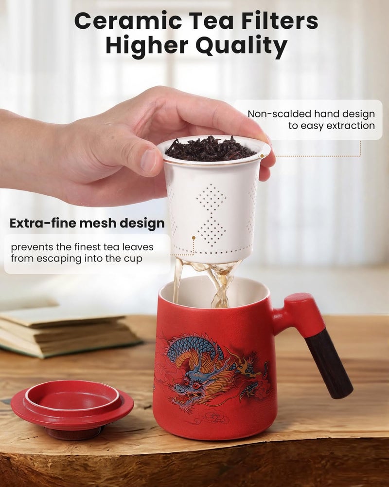 Foinly Porcelain Tea Cup with Infuser and Lid,Ceramic Tea Mug for Loose Leaf,Tea Strainer Cup with Wood Handle,Chinese Dragon Red Cup,All Ceramic Infuser,BPA-Free for Tea Lovers/Birthday/Valentine's Day - Image 2