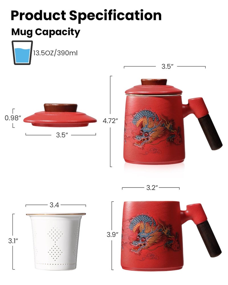 Foinly Porcelain Tea Cup with Infuser and Lid,Ceramic Tea Mug for Loose Leaf,Tea Strainer Cup with Wood Handle,Chinese Dragon Red Cup,All Ceramic Infuser,BPA-Free for Tea Lovers/Birthday/Valentine's Day - Image 3