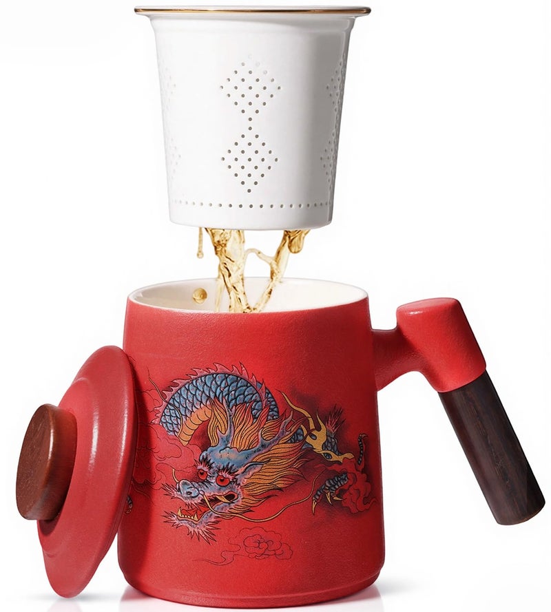 Foinly Porcelain Tea Cup with Infuser and Lid,Ceramic Tea Mug for Loose Leaf,Tea Strainer Cup with Wood Handle,Chinese Dragon Red Cup,All Ceramic Infuser,BPA-Free for Tea Lovers/Birthday/Valentine's Day - Image 1