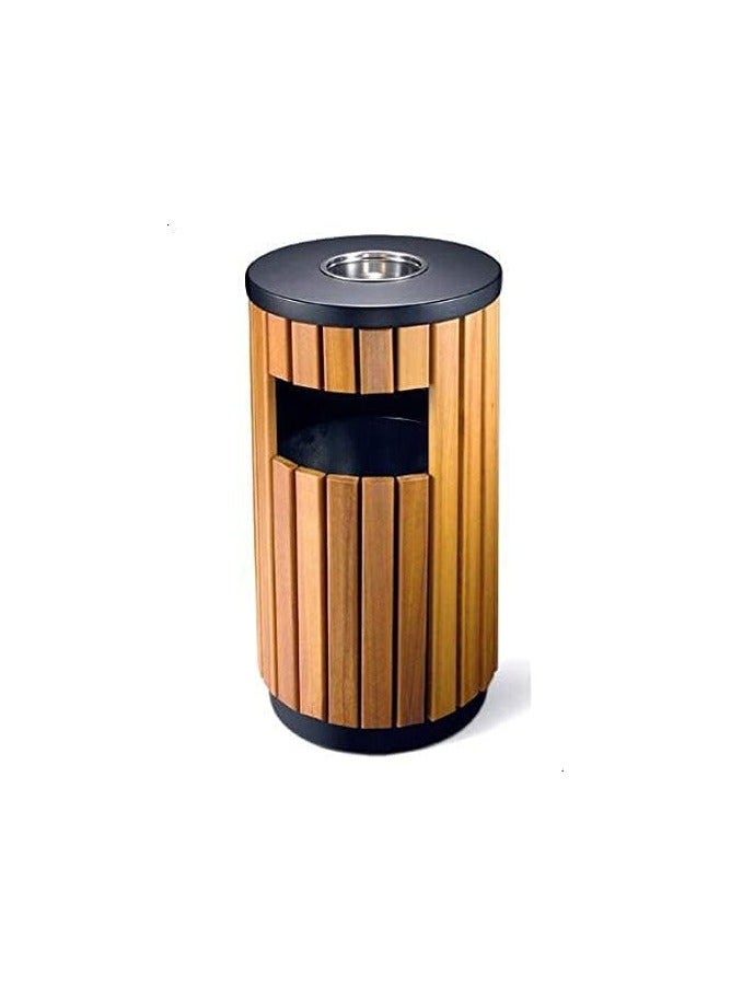 VINSTAR Outdoor Wooden Dustbin, Wooden Round Wast Bin With Ashtray, Outdoor Trash Cans Bin, Color Brown, 55L - Image 1
