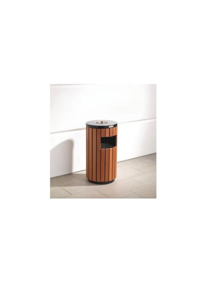 VINSTAR Outdoor Wooden Dustbin, Wooden Round Wast Bin With Ashtray, Outdoor Trash Cans Bin, Color Brown, 55L - Image 3