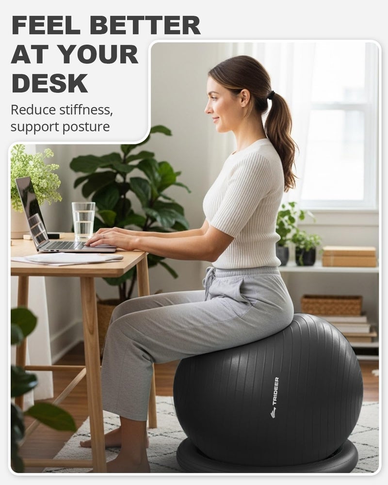 Trideer Exercise Ball for Office Desk, Yoga Ball Chair to Relieve Back Pain, Stability & Fitness Ball Seat with Base, Home Gym Core Workout, Abs, Stretching & Therapy - Image 3