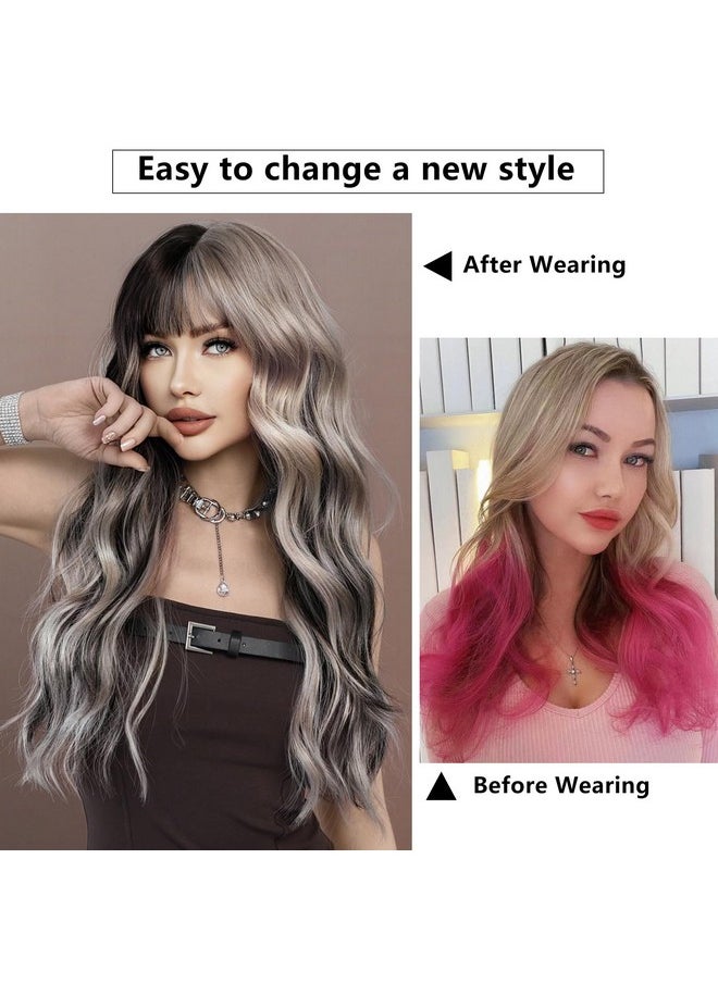7JHH WIGS - Long Wavy Silver Grey Black Highlight Wig 27In Natural Heat Resistant Fiber Synthetic Curly Light Grey Black Ombre Wigs With Bangs For Women Girls Daily Party Chrismas Travel Used - Image 1