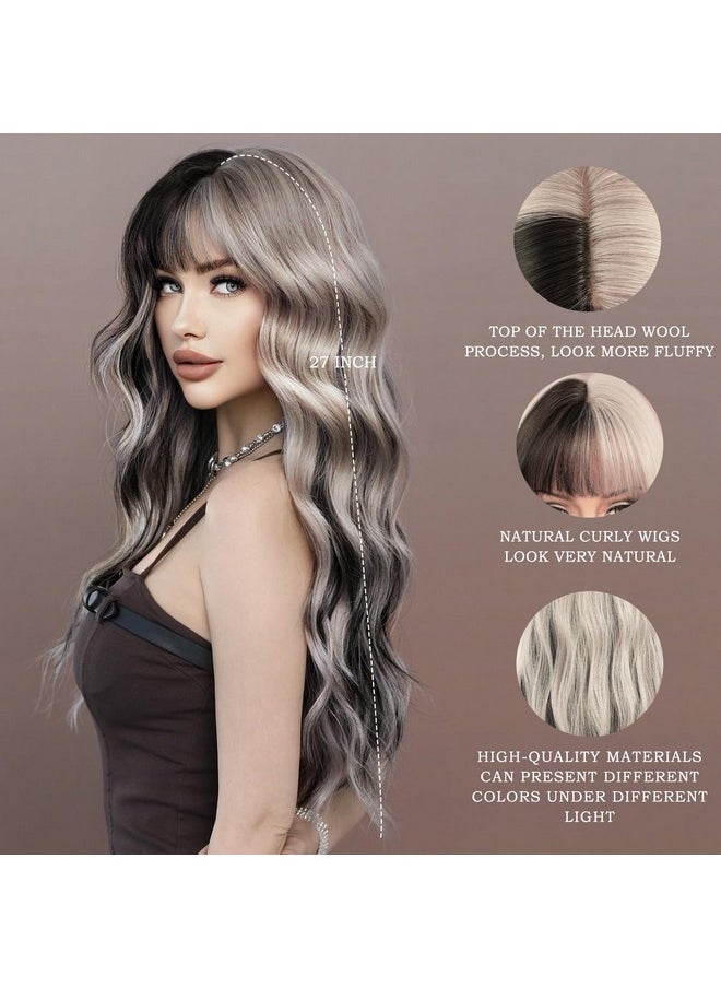 7JHH WIGS - Long Wavy Silver Grey Black Highlight Wig 27In Natural Heat Resistant Fiber Synthetic Curly Light Grey Black Ombre Wigs With Bangs For Women Girls Daily Party Chrismas Travel Used - Image 1