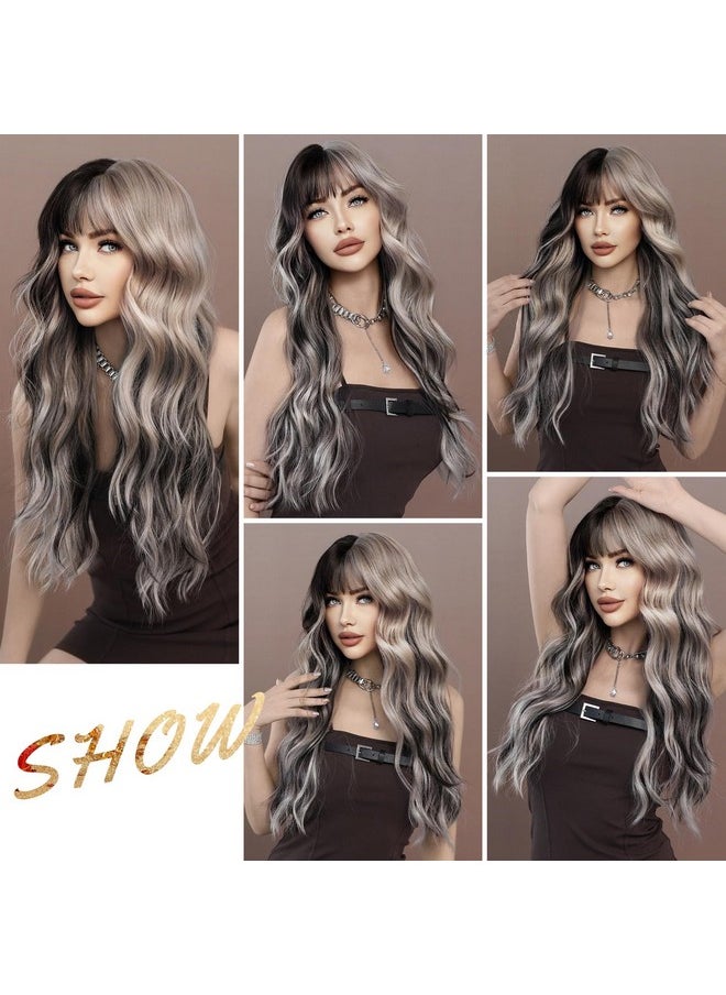 7JHH WIGS - Long Wavy Silver Grey Black Highlight Wig 27In Natural Heat Resistant Fiber Synthetic Curly Light Grey Black Ombre Wigs With Bangs For Women Girls Daily Party Chrismas Travel Used - Image 1