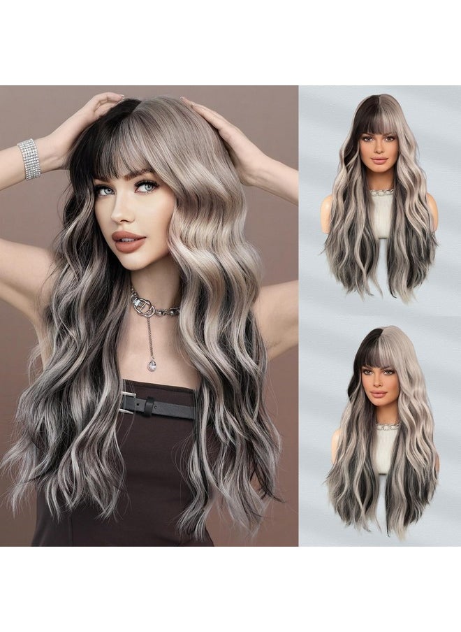 7JHH WIGS - Long Wavy Silver Grey Black Highlight Wig 27In Natural Heat Resistant Fiber Synthetic Curly Light Grey Black Ombre Wigs With Bangs For Women Girls Daily Party Chrismas Travel Used - Image 1