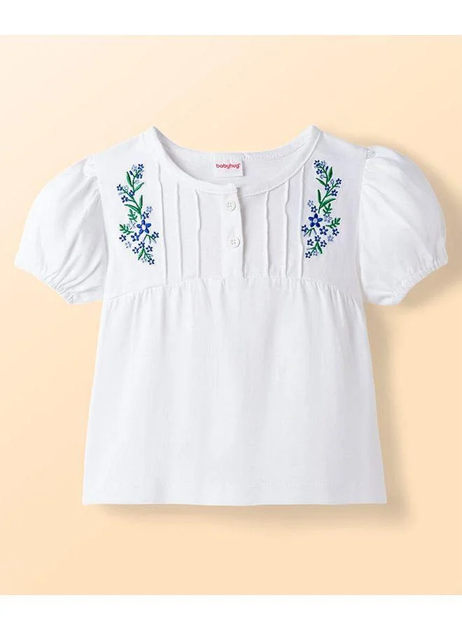 Babyhug Babyhug Single Jersey Knit Half Sleeves Top & Denim Shorts Set with Floral Embroidery - White & Blue