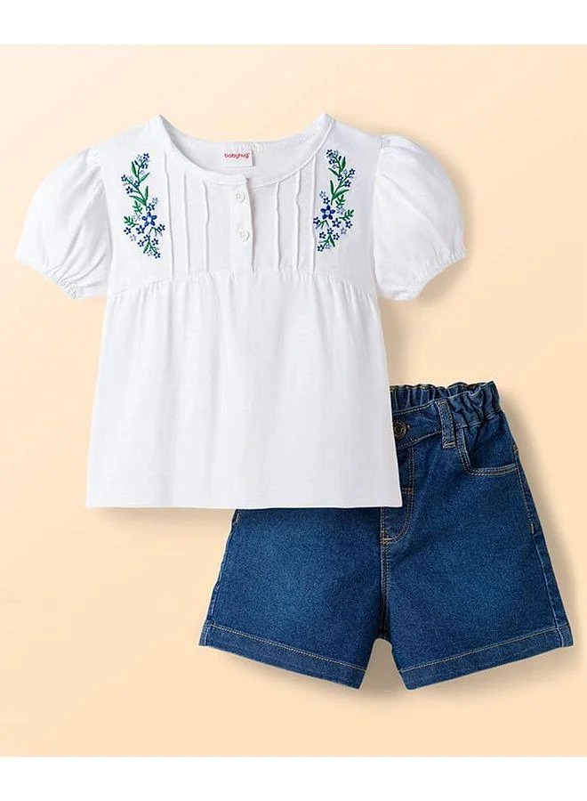 Babyhug Babyhug Single Jersey Knit Half Sleeves Top & Denim Shorts Set with Floral Embroidery - White & Blue