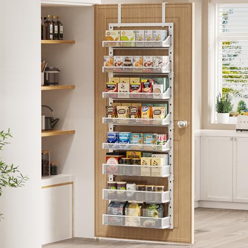 POKIPO Over the Door Pantry Organizer 8-Tier, Large Metal Door Spice Rack with Adjustable Basket, 2 in 1 Wall Mount or Hanging Heavy-Duty Pantry Door Storage Shelf for Kitchen and Bathroom, White - Image 2