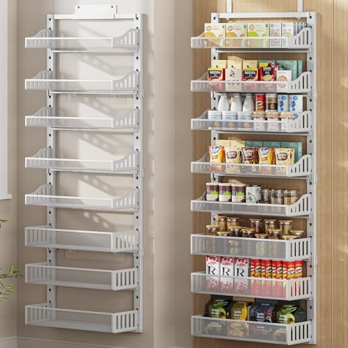POKIPO Over the Door Pantry Organizer 8-Tier, Large Metal Door Spice Rack with Adjustable Basket, 2 in 1 Wall Mount or Hanging Heavy-Duty Pantry Door Storage Shelf for Kitchen and Bathroom, White - Image 1