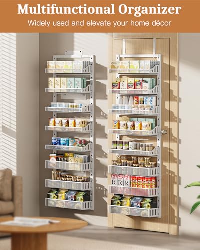 POKIPO Over the Door Pantry Organizer 8-Tier, Large Metal Door Spice Rack with Adjustable Basket, 2 in 1 Wall Mount or Hanging Heavy-Duty Pantry Door Storage Shelf for Kitchen and Bathroom, White - Image 4