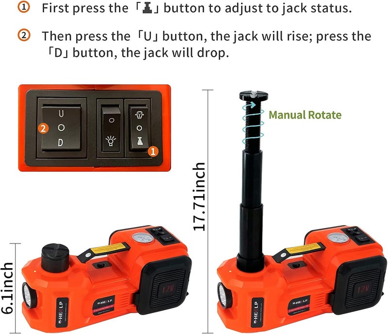 E-HEELP Electric Car Jack 5Ton 12V Kit Hydraulic (Lifting Range: 6.1~17.7 inch) with Inflator Electric Jack for Car SUV Sedan MPV Change Tires Garage Repair Emergency Kit - Image 2
